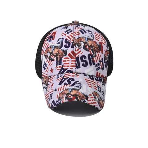 Berretto Da Baseball Con Coda Di Cavallo Da Donna Mesh Incrociato Trucker Hat Bandiera USA Stampa Cavallo Cotone Regolabile