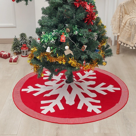 Christmas Tree Skirt Acrylic Knit Large Snowflake Red White Striped Edge Holiday Decor