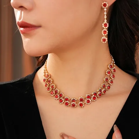 Blumen Strass Doppelstöckige Schlüsselbein Halskette Und Lange Quaste Tropfen Ohrringe Schmuck Kupfer Zirkon Elegant Frauen