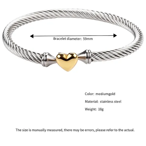 Bracciale Rigido Aperto In Acciaio Inossidabile Torsione Cavo Cuore Per Donna Placcato Oro 18K Bicolore Gioielli Minimalisti