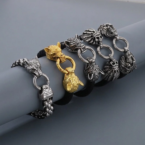 Men Braided Leather Bracelet With Stainless Steel Lion Wolf Skull Head Charm Punk Viking Retro Goth Jewelry