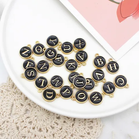 Round Alphabet Letter Charms Enamel Alloy Gold Plated Double Sided Initial Pendants For DIY Jewelry Making Bracelet Craft