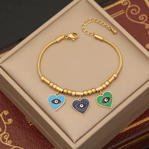 Bracciale In Acciaio Inossidabile Smalto Malocchio Cuore Farfalla Trifoglio Ciondoli Bohémien Moda Regolabile Donne