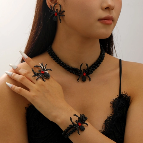 Gothic Spider Necklace Bracelet Ring Earrings Alloy Red Rhinestone Black Beads Halloween Punk Jewelry For Women