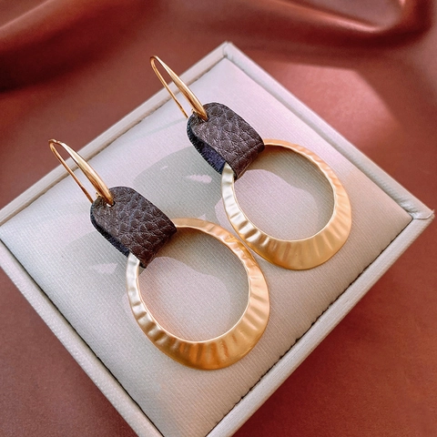 Vintage Geometric Dangle Hoop Earrings With Alloy Hammered Metal And Faux Leather Plus Silver Earring Post For Women
