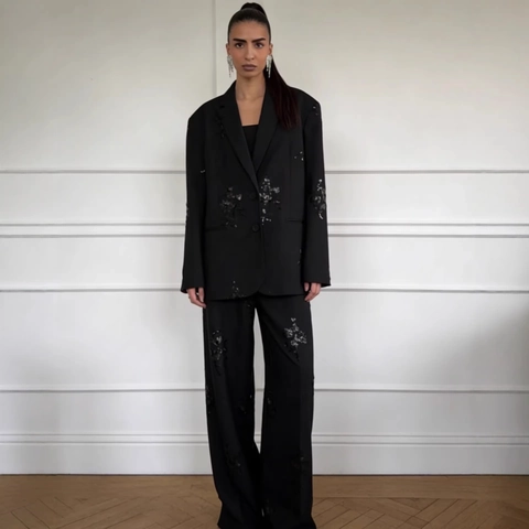 Traje De Blazer Bordado Con Lentejuelas Negras Y Pantalones De Pierna Ancha Para Mujer Manga Larga Chic Casual