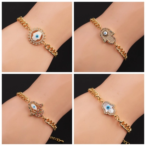 Evil Eye Hamsa Hand Armband Gold Vergoldetes Kupfer Zirkon Muschel Hip Hop Retro Böhmisch Unisex Schmuck
