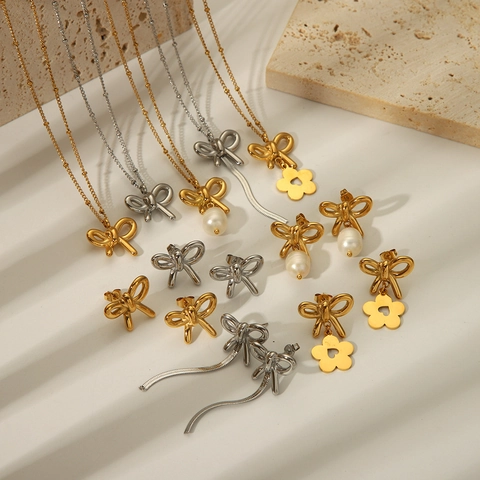 Bowknot Earrings And Pendant Necklace 304 Stainless Steel 18K Gold Plated Waterproof Hypoallergenic Jewelry For Women