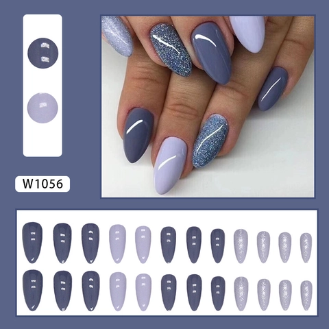 Almond Press On Nails ABS Plastic Smoked Purple Grey Blue Gradient Glitter Glossy Elegant False Nails For Women