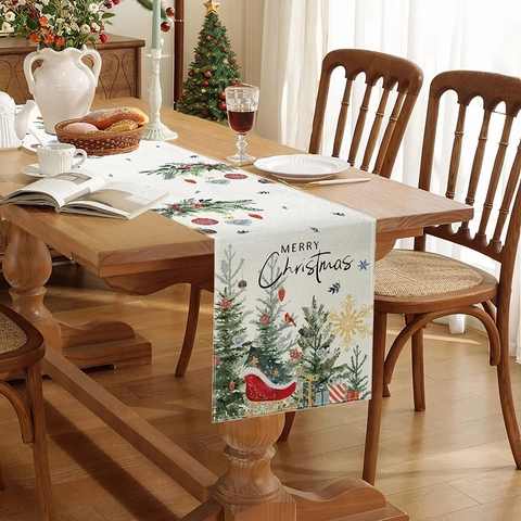 Christmas Table Runner Polyester Linen Style Digital Print Merry Christmas Snowman Santa Holiday Dining Decor