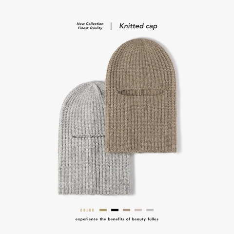 Knitted Balaclava Wool Blend Winter Warm Ribbed Face Mask Outdoor Windproof Solid Color Beanie Cap Cold Weather Protective