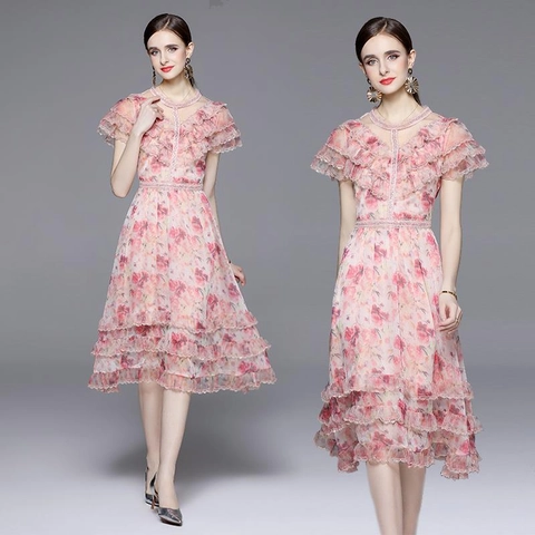 Vestido Largo Mujer Crepé De Satén Estampado Floral Rosa Manga Corta Volantes Cintura Alta Elegante Estilo Retro Verano