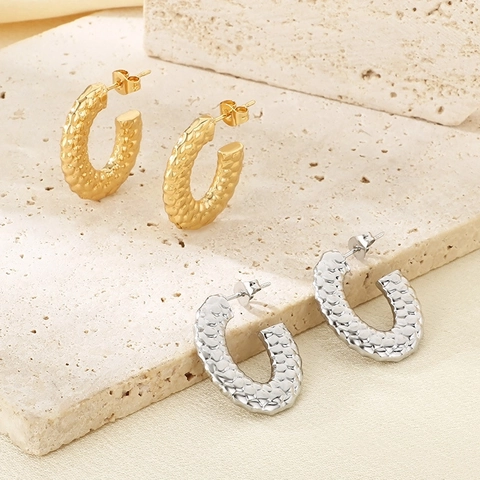 Pendientes De Aro En Forma De C Con Textura Martillada Acero Inoxidable Vintage Geométrico Tono Oro Plata Para Mujeres