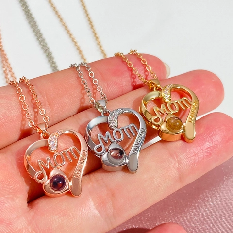 Mom Heart Projection Necklace For Women Copper Zirconia I Love You Pendant Necklace Mother's Day Jewelry Gift