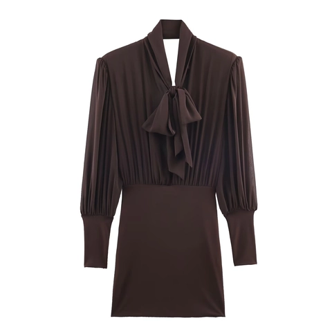 Elegantes Langarm Minikleid Acetat Satin Polyester Schluppenkragen Plissiert Bodycon Slim Fit Kaffeebraun Vintage Party