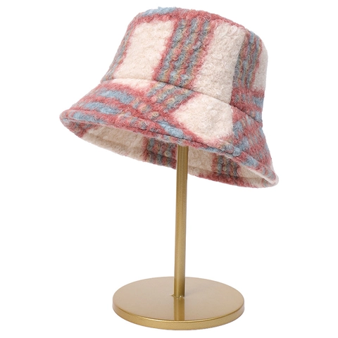 Vintage Plaid Bucket Hat Women Winter Warm Faux Lamb Wool Plush Wide Brim Thickened Cloche Hat