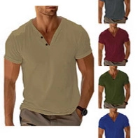 Men Short Sleeve Henley Shirt Polyester Spandex Breathable V-Neck Button Solid Color Slim Fit Casual Fashion Top