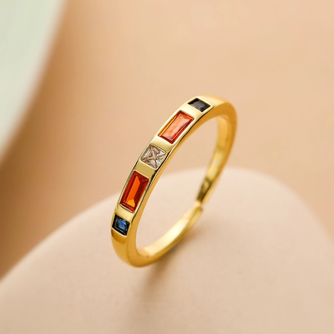 Bague Ouverte Géométrique Minimaliste Cuivre Plaqué Or Véritable Zircone Cubique Colorée Bijou Réglable Pour Femme