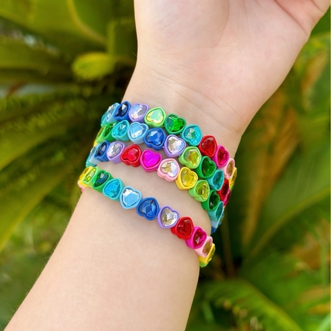 Bracelet Élastique Macaron Multicolore Cœur Strass Cuivre Électroplaqué Fantaisie Cristal Doux Bijoux Cadeau pour Femmes Filles