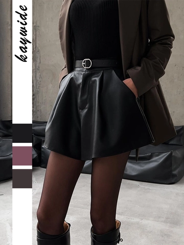 Pantaloncini In Ecopelle Da Donna Vita Alta Linea A Gamba Larga Pieghettati Casual Elegante Moda PU Con Cintura