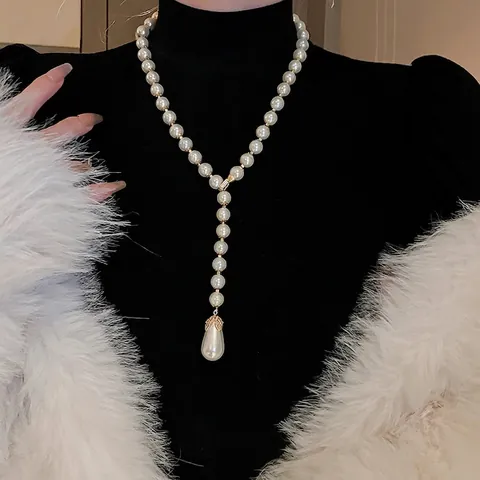 Vintage Y-Förmige Glasperlenkette Mit Wassertropfen Anhänger Eleganter Französischer Stil Legierung Künstliche Perlen Schmuck Für Damen