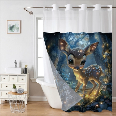 Douchegordijn En Badmat Waterdicht Polyester Wafelstof Snap In Voering Magnetische Bodem Cartoon Dier Landschap