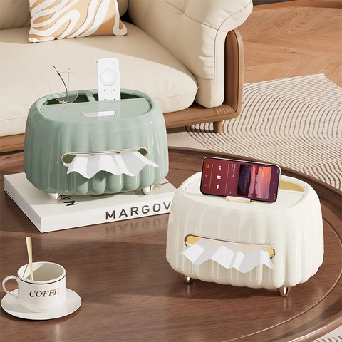 Luxury Desktop Tissue Box Holder Organizer With Phone Stand Multi-compartment Fluted Plastic Storage For Living Room
