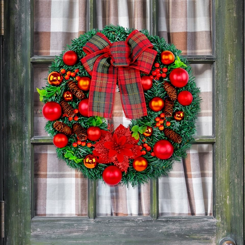 Künstlicher Weihnachtskranz Mit Roter Karoschleife Weihnachtsstern Ornamenten Zapfen Haus Tür Fenster Wand Dekoration