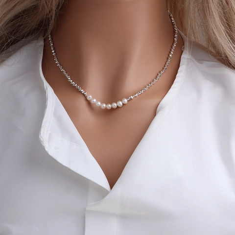 Irregular Geometric Metal Chain Freshwater Pearl Necklace Bracelet For Women Elegant Minimalist Jewelry Freshwater Pearl Accessories