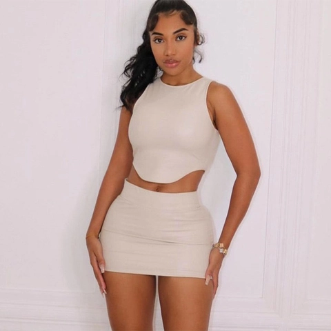 Women PU Leather Sleeveless Crop Top And Bodycon Mini Skirt Sexy Streetwear Clubwear Solid Color