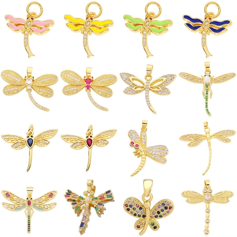 Dragonfly Butterfly Animal Pendants Copper Zircon Enamel DIY Jewelry Charms Making Accessories Colorful Gold Plated