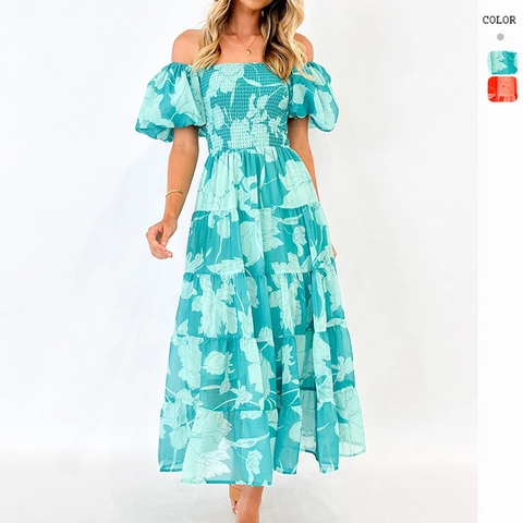 Dames Bloemenjurk Met Blote Schouders Polyester Chiffon Gesmokte Borst Pofmouwen Gelaagde Zoom Boheemse Zomervakantie