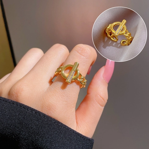 Toggle Clasp Copper Ring With Cubic Zirconia Inlay Fashion Chain Link Adjustable Open Jewelry For Women