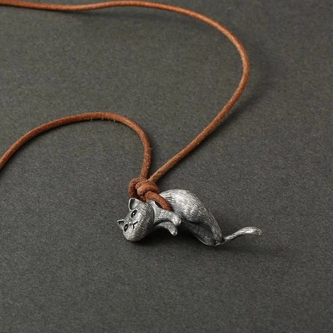 Vintage Zinc Alloy Cute Cat Pendant Necklace Antique Silver Animal Charm Jewelry Gift For Women Men Couples