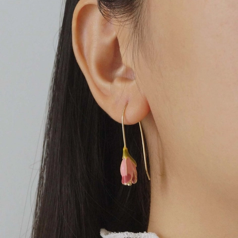 French Vintage Pink Tulip Flower Drop Earrings For Women Gold Plated Brass Enamel Floral Ear Hooks Elegant Jewelry Gift