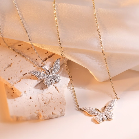 Collana Con Pendente A Farfalla Acciaio Inossidabile Zircone Brillante Strass Catena Clavicola Gioielli Donna