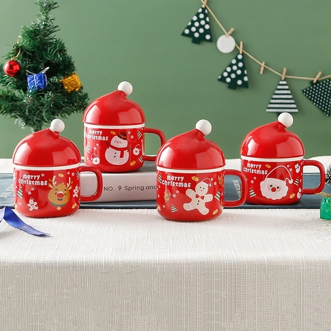 Taza De Cerámica De Navidad Con Tapa De Gorro De Papá Noel Dibujos Animados Muñeco De Nieve Regalo