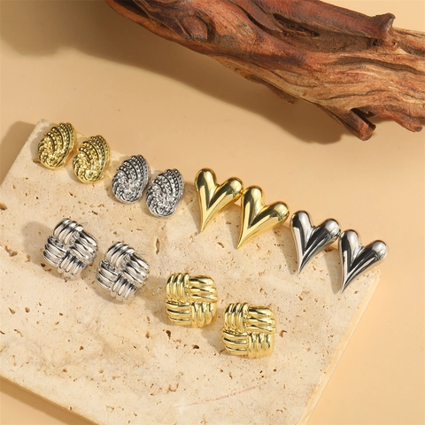 French Retro Heart Stud Earrings Copper Gold Silver Plated Woven Knot Spiral Texture Fashion Jewelry For Women