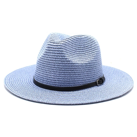 Sombrero Fedora De Paja De Verano Ala Plana Ancha Protección Solar Playa Estilo Panamá Con Hebilla De Cinturón De Cuero Negro