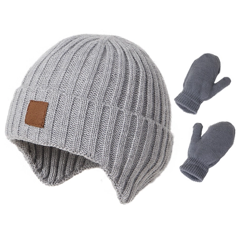 Kids Knitted Hat And Mittens Winter Warm Ear Flaps Beanie Ribbed Heart Pattern For Baby Toddlers