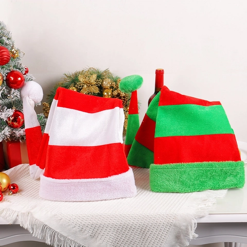 Cappello Elfo Natale Lungo Strisce Filo Di Ferro Pieghevole Tessuto Peluche Festa Accessori Costume Rosso Verde Bianco Pom Pom