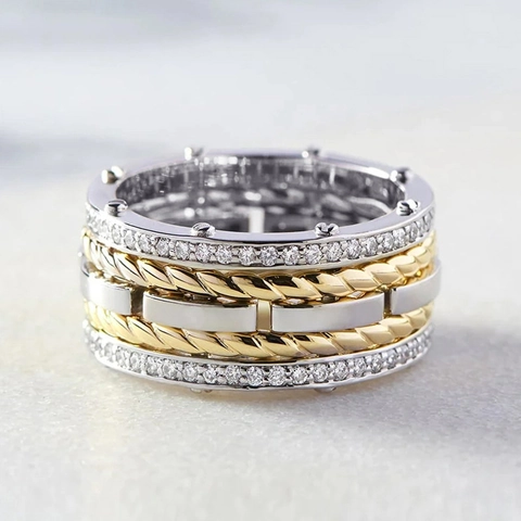 Copper Band Ring Two-Tone With Cubic Zirconia Inlay Cable Texture Industrial Style Fashion Jewelry For Men And Women
