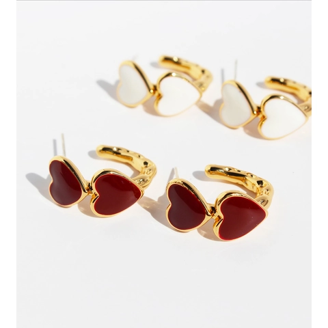 Pendientes de Botón de Doble Corazón de Latón Esmaltado Vintage para Mujer Poste de Plata de Ley 925 Chapado en Oro