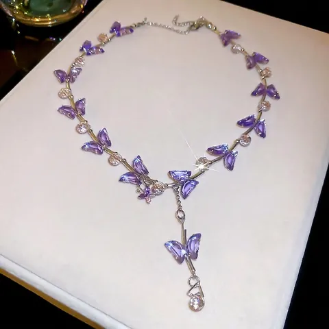 Collier Pendentif Papillon Violet Cuivre Verre Cristal Strass Forme Y Goutte Fée Bijoux Élégants Cadeau Pour Femmes