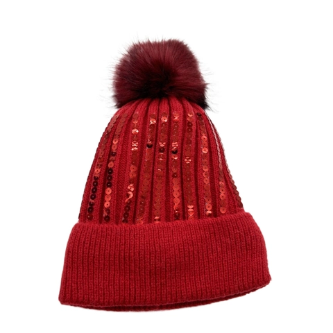 Gorro De Punto Cálido De Invierno Para Mujer Con Pompo De Piel Sintética Y Lentejuelas Forrado De Felpa Moda Exterior