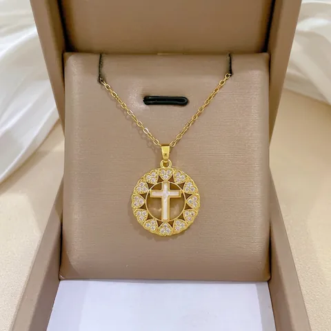 Collana In Acciaio Inossidabile Con Ciondolo Cuore Croce In Conchiglia Rame Zircone Per Donna Gioielli Religiosi