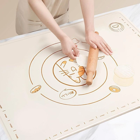 Silicone Pastry Mat With Measurements Thickened Non-Stick Platinum Silicone Baking Tools Rolling Pin Dough Scraper Cartoon Cat Pattern