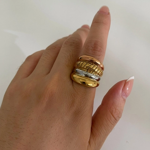 Chunky Multi Layer Ring 316L Stainless Steel 18K Gold Plated Twisted Rope Texture Wide Band Non Tarnish For Women