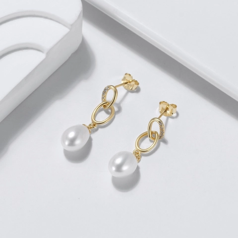 14K Gold Plated 925 Sterling Silver Freshwater Pearl Drop Earrings Geometric Double Oval Linked Rings Zirconia Jewelry For Women