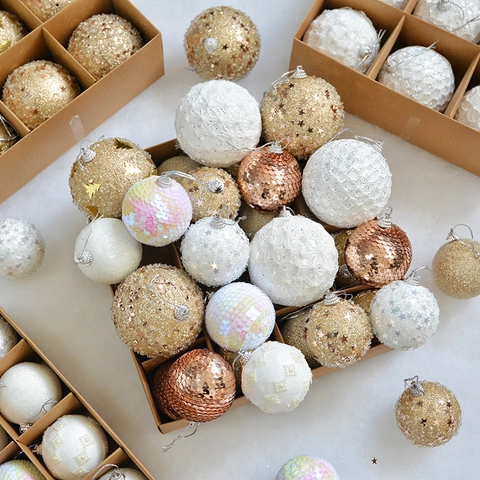 Christmas Ball Ornaments White Champagne Lace Sequin Glitter Foam Tree Hanging Decoration Elegant Festive Home Holiday Decor